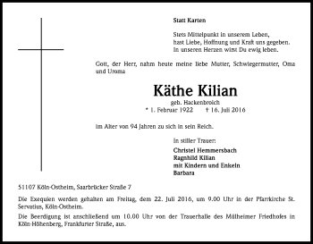 Anzeige von Käthe Kilian von Kölner Stadt-Anzeiger / Kölnische Rundschau / Express