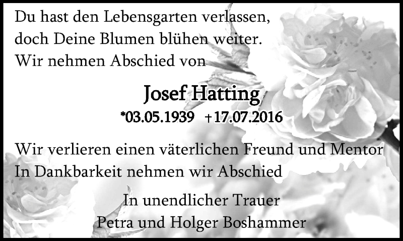  Traueranzeige für Josef Hatting vom 27.07.2016 aus  Kölner Wochenspiegel 