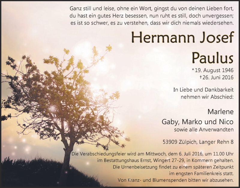  Traueranzeige für Hermann Josef Paulus vom 02.07.2016 aus  Blickpunkt Euskirchen 