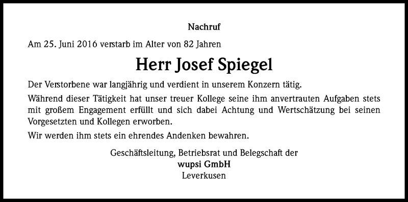  Traueranzeige für Josef Spiegel vom 08.07.2016 aus Kölner Stadt-Anzeiger / Kölnische Rundschau / Express