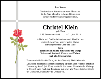 Anzeige von Christel Klein von Kölner Stadt-Anzeiger / Kölnische Rundschau / Express