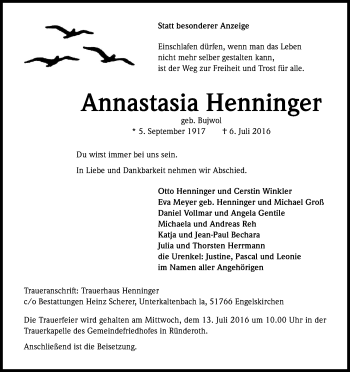 Anzeige von Annastasia Henninger von Kölner Stadt-Anzeiger / Kölnische Rundschau / Express