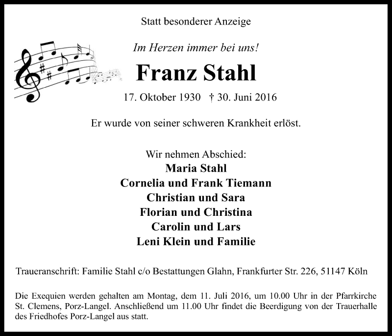  Traueranzeige für Franz Stahl vom 06.07.2016 aus  Kölner Wochenspiegel 