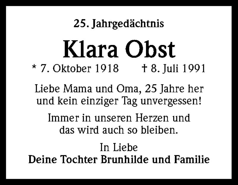 Traueranzeige für Klara Obst vom 08.07.2016 aus Kölner Stadt-Anzeiger / Kölnische Rundschau / Express