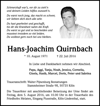 Anzeige von Hans-Joachim Quirnbach von Kölner Stadt-Anzeiger / Kölnische Rundschau / Express