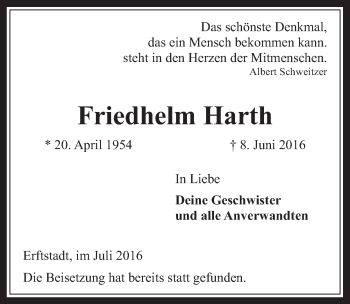 Anzeige von Friedhelm Harth von  Werbepost 