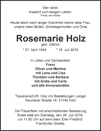Anzeige von Rosemarie Holz von  Kölner Wochenspiegel 