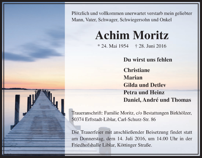  Traueranzeige für Achim Moritz vom 09.07.2016 aus  Sonntags-Post 