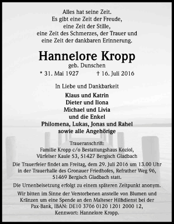 Anzeige von Hannelore Kropp von Kölner Stadt-Anzeiger / Kölnische Rundschau / Express