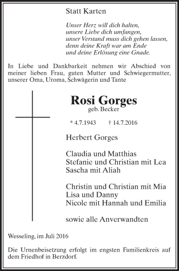 Anzeige von Rosi Gorges von  Schlossbote/Werbekurier 