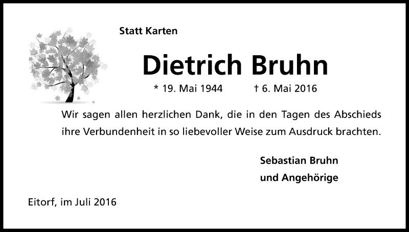  Traueranzeige für Dietrich Bruhn vom 22.07.2016 aus Kölner Stadt-Anzeiger / Kölnische Rundschau / Express
