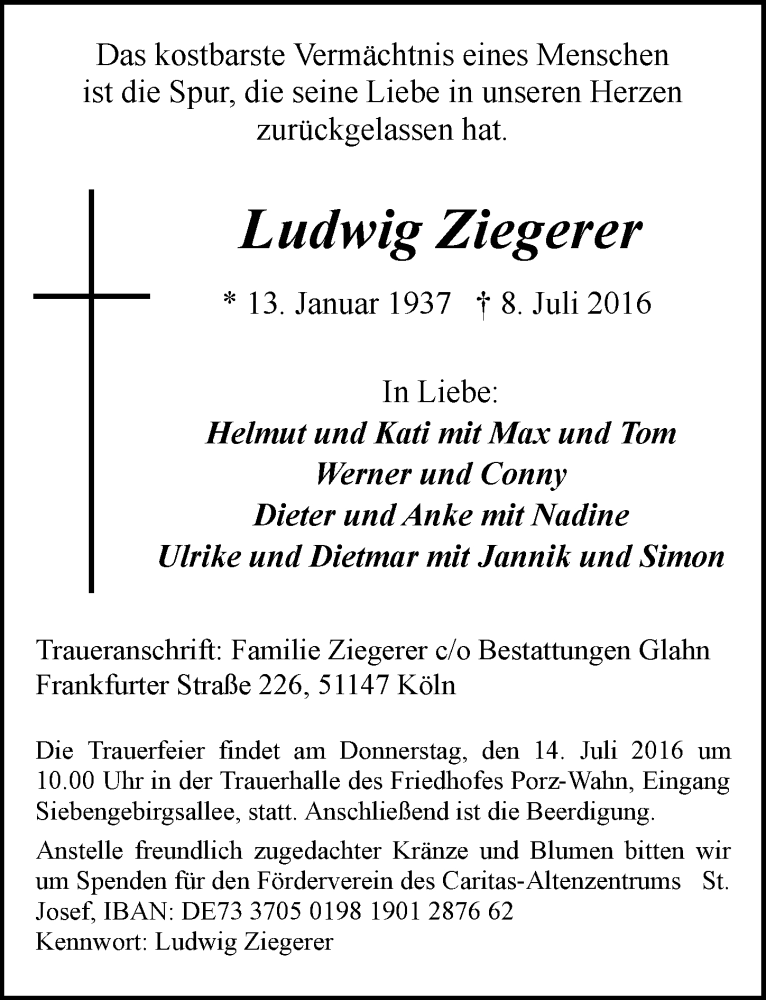  Traueranzeige für Ludwig Ziegerer vom 13.07.2016 aus  Kölner Wochenspiegel 
