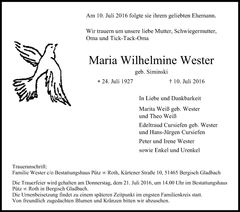  Traueranzeige für Maria Wilhelmine Wester vom 15.07.2016 aus Kölner Stadt-Anzeiger / Kölnische Rundschau / Express