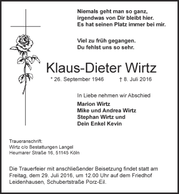 Anzeige von Klaus-Dieter Wirtz von  Kölner Wochenspiegel 