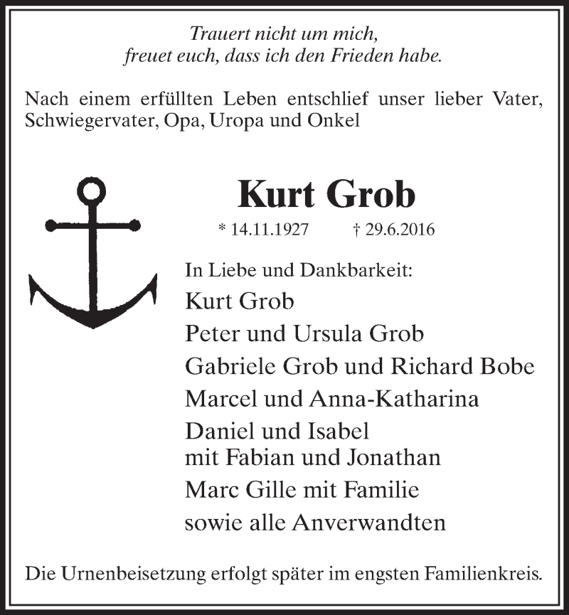  Traueranzeige für Kurt Grob vom 06.07.2016 aus  Schaufenster/Blickpunkt  Schlossbote/Werbekurier 