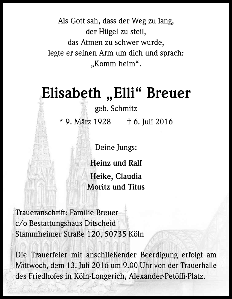  Traueranzeige für Elisabeth  Breuer vom 11.07.2016 aus Kölner Stadt-Anzeiger / Kölnische Rundschau / Express