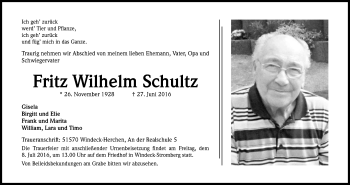 Anzeige von Fritz Wilhelm Schultz von Kölner Stadt-Anzeiger / Kölnische Rundschau / Express