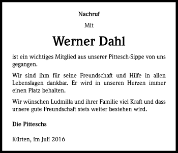 Anzeige von Werner Dahl von Kölner Stadt-Anzeiger / Kölnische Rundschau / Express