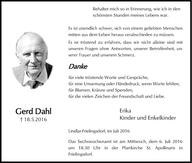  Traueranzeige für Gerd Dahl vom 05.07.2016 aus Kölner Stadt-Anzeiger / Kölnische Rundschau / Express
