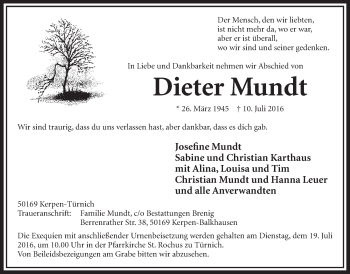 Anzeige von Dieter Mundt von  Sonntags-Post 