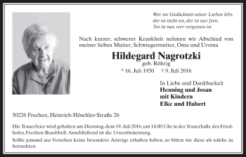 Anzeige von Hildegard Nagrotzki von  Wochenende 