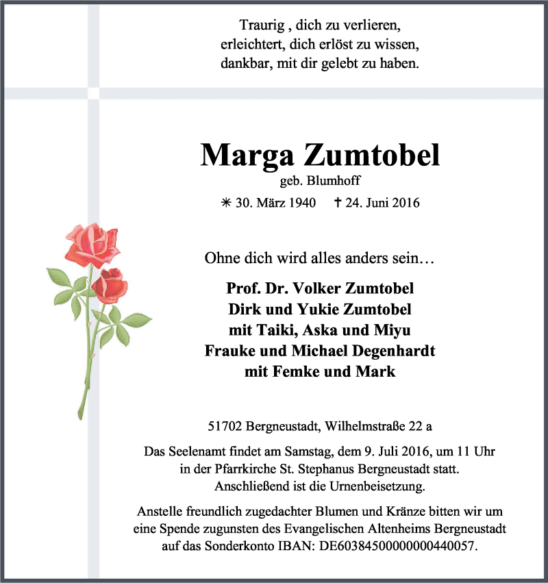  Traueranzeige für Marga Zumtobel vom 02.07.2016 aus Kölner Stadt-Anzeiger / Kölnische Rundschau / Express