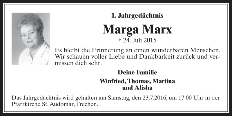  Traueranzeige für Marga Marx vom 20.07.2016 aus  Wochenende 