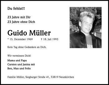 Anzeige von Guido Müller von Kölner Stadt-Anzeiger / Kölnische Rundschau / Express