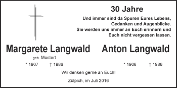 Anzeige von Margarete und Anton Langwald von  Blickpunkt Euskirchen 