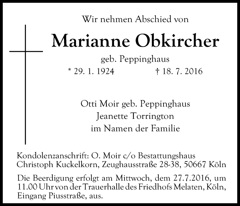  Traueranzeige für Marianne Obkircher vom 23.07.2016 aus Kölner Stadt-Anzeiger / Kölnische Rundschau / Express