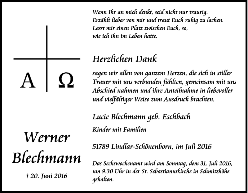  Traueranzeige für Werner Blechmann vom 23.07.2016 aus Kölner Stadt-Anzeiger / Kölnische Rundschau / Express