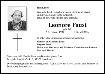 Anzeige von Leonore Faust von Kölner Stadt-Anzeiger / Kölnische Rundschau / Express