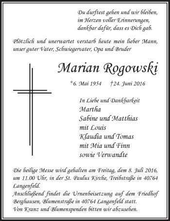 Anzeige von Marian Rogowski von  Leverkusener Wochenende 