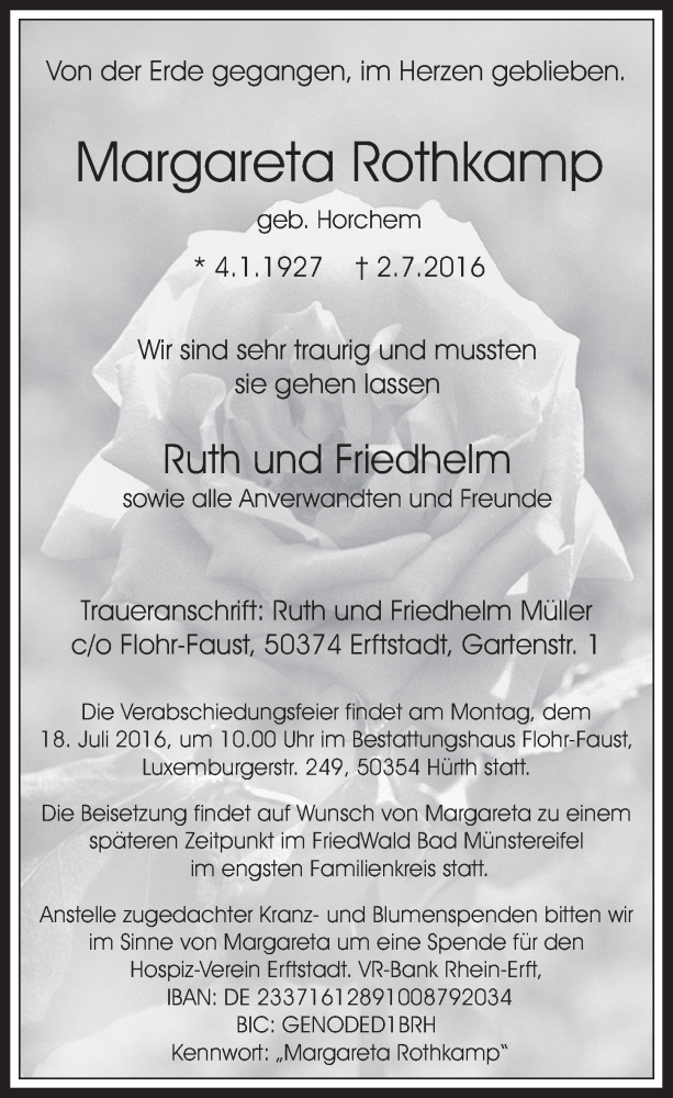  Traueranzeige für Margareta Rothkamp vom 13.07.2016 aus  Werbepost 