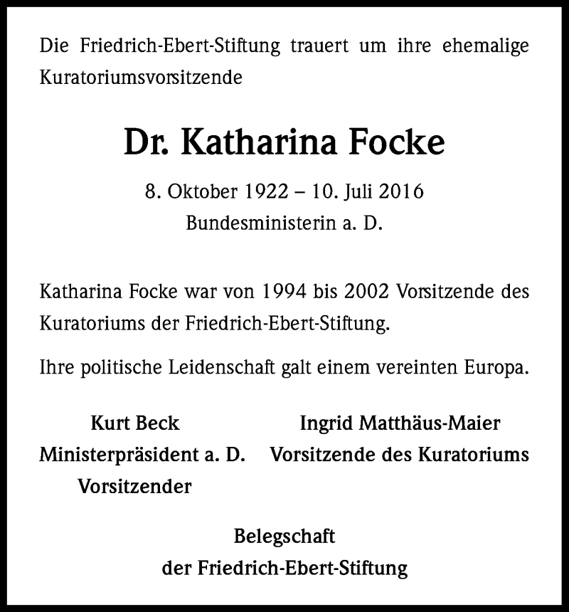  Traueranzeige für Katharina Focke vom 18.07.2016 aus Kölner Stadt-Anzeiger / Kölnische Rundschau / Express
