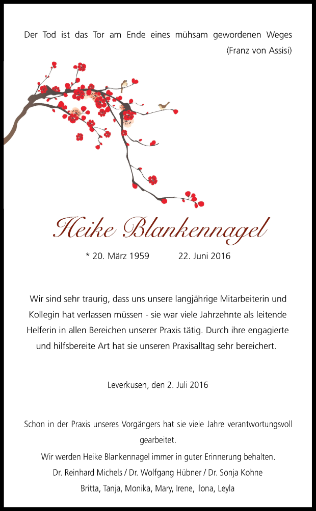  Traueranzeige für Heike Blankennagel vom 04.07.2016 aus Kölner Stadt-Anzeiger / Kölnische Rundschau / Express