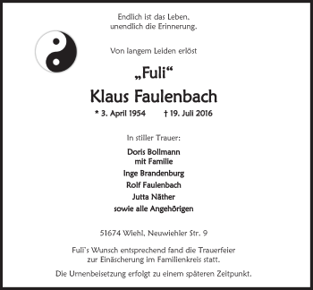 Anzeige von Klaus Faulenbach von  Anzeigen Echo 