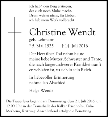 Anzeige von Christine Wendt von Kölner Stadt-Anzeiger / Kölnische Rundschau / Express