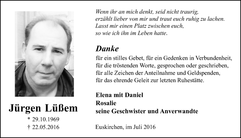  Traueranzeige für Jürgen Lüßem vom 02.07.2016 aus  Blickpunkt Euskirchen 