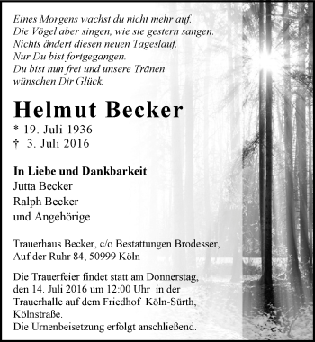 Anzeige von Helmut Becker von  Kölner Wochenspiegel 