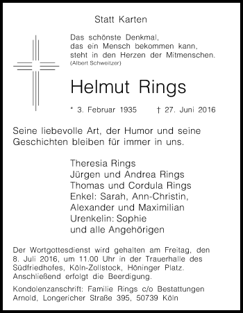 Anzeige von Helmut Rings von Kölner Stadt-Anzeiger / Kölnische Rundschau / Express
