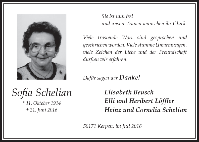  Traueranzeige für Sofia Schelian vom 16.07.2016 aus  Sonntags-Post 