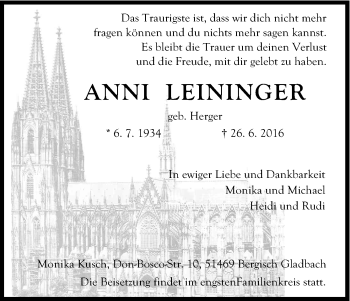 Anzeige von Anni Leininger von Kölner Stadt-Anzeiger / Kölnische Rundschau / Express