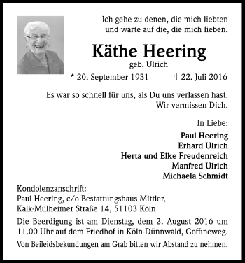 Anzeige von Käthe Heering von Kölner Stadt-Anzeiger / Kölnische Rundschau / Express