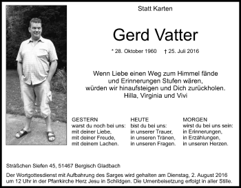 Anzeige von Gerd Vatter von Kölner Stadt-Anzeiger / Kölnische Rundschau / Express