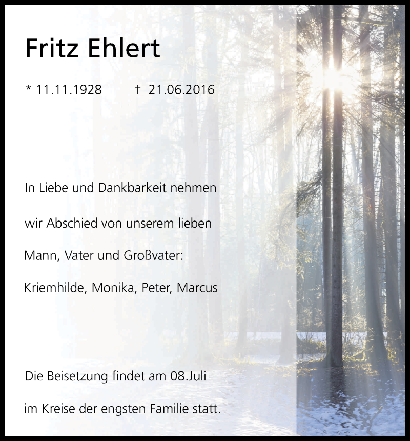  Traueranzeige für Fritz Ehlert vom 02.07.2016 aus Kölner Stadt-Anzeiger / Kölnische Rundschau / Express
