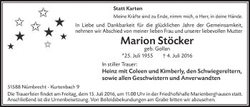 Anzeige von Marion Stöcker von  Anzeigen Echo  Lokalanzeiger 