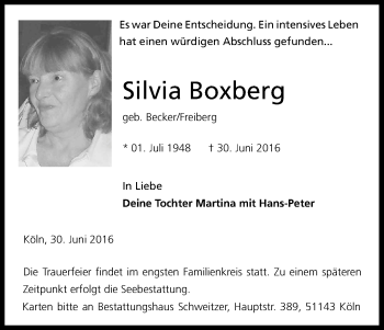 Anzeige von Silvia Boxberg von Kölner Stadt-Anzeiger / Kölnische Rundschau / Express