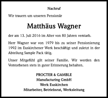 Anzeige von Matthäus Wagner von Kölner Stadt-Anzeiger / Kölnische Rundschau / Express