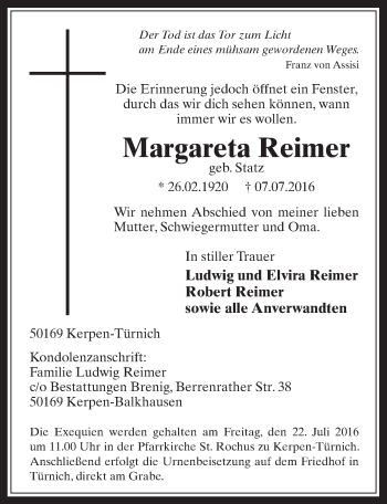 Anzeige von Margareta Reimer von  Werbepost 